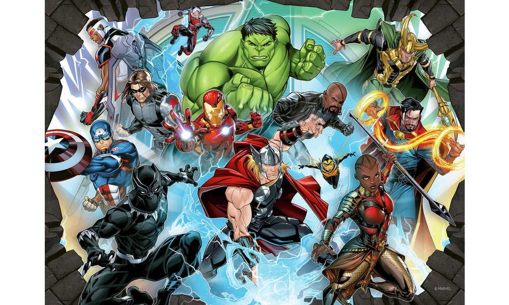 Dynamic illustration of Marvel heroes like Hulk, Iron Man, Thor, Captain America and Loki bursting through a broken wall