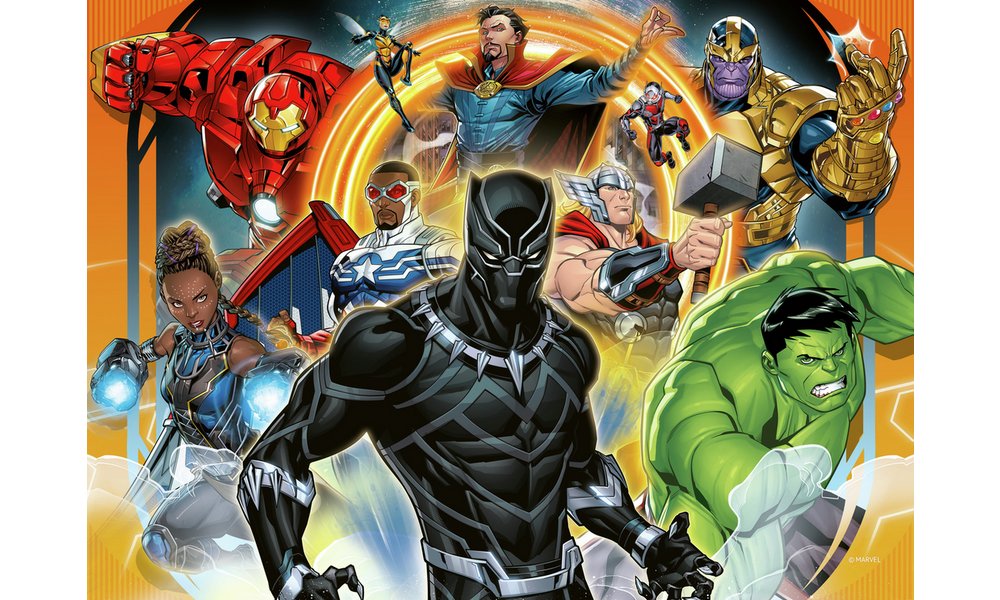 Black Panther leads a team of Marvel heroes like Hulk, Thor and Shuri in a vibrant comic battle against Thanos