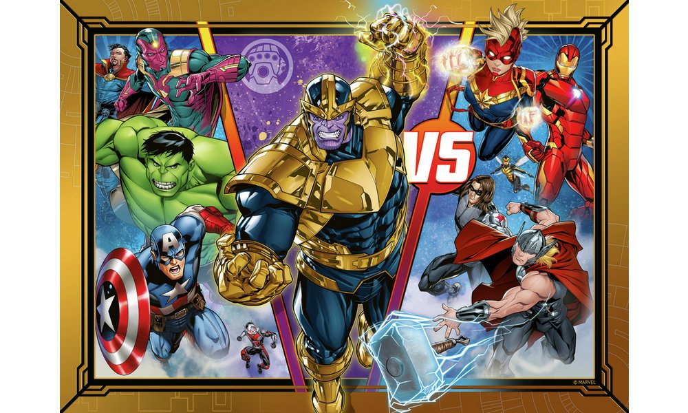 Marvel's Thanos with the Infinity Gauntlet confronts a team of Avengers including Hulk, Captain America, Thor and Iron Man