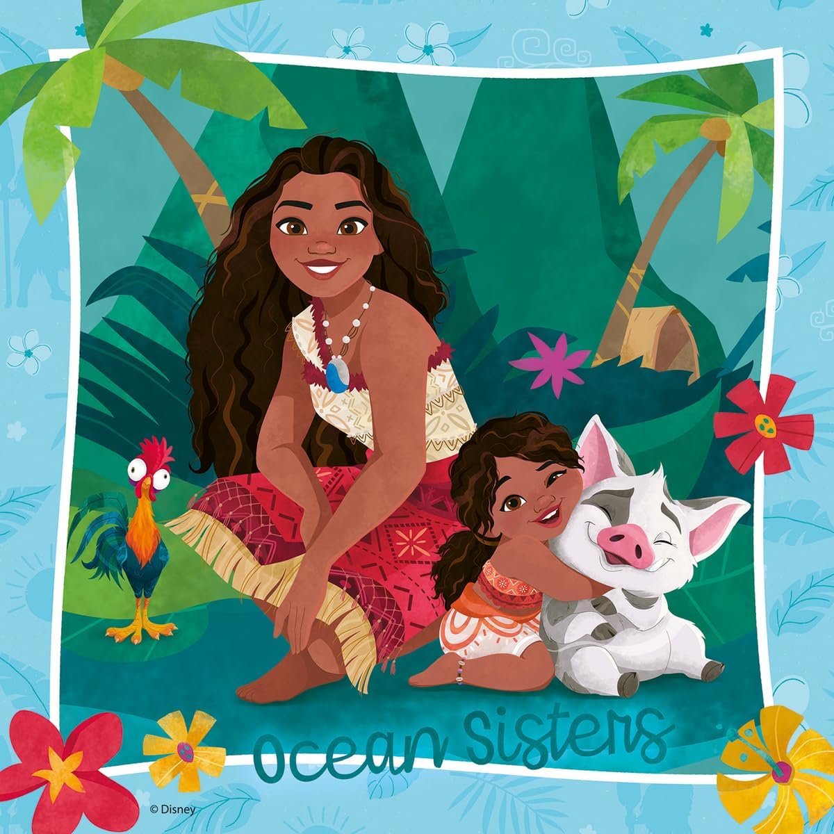 Moana smiles as a young child hugs Pua the pig. Heihei the rooster stands nearby in a tropical scene with 'Ocean Sisters'