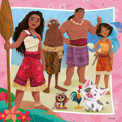 Moana with paddle, Maui thumbs up, family members and Pua, Heihei, Kakamora pose on a sandy beach