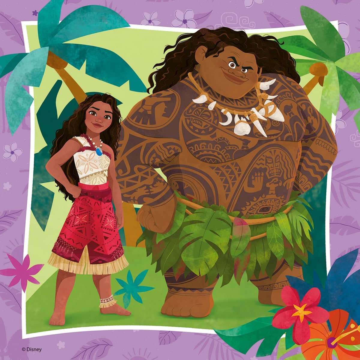 Moana in a tribal outfit and Maui in a leaf skirt with shell necklace stand confidently in a tropical scene