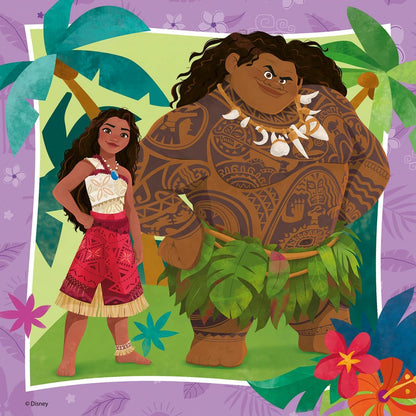 Moana in a tribal outfit and Maui in a leaf skirt with shell necklace stand confidently in a tropical scene