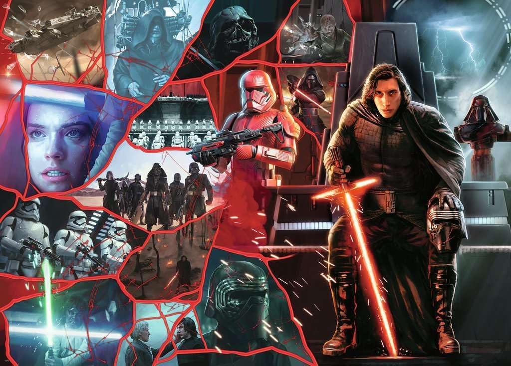 Kylo Ren unmasked holds a red lightsaber, central to a Star Wars mosaic featuring Rey, troopers and various scenes