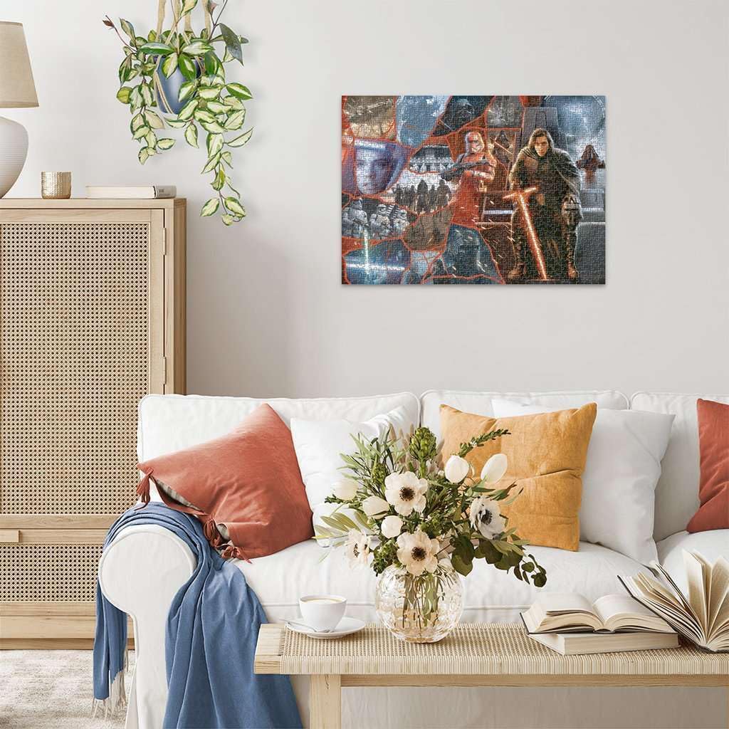 Star Wars jigsaw puzzle featuring Kylo Ren with a red lightsaber and Rey, displayed on a living room wall