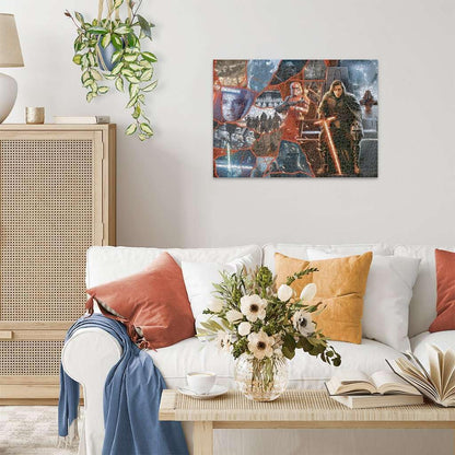 Star Wars jigsaw puzzle featuring Kylo Ren with a red lightsaber and Rey, displayed on a living room wall