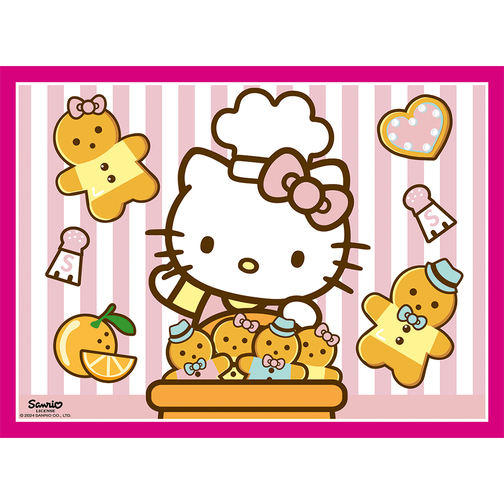 Hello Kitty chef holding a tray of gingerbread bears, surrounded by other cookies, oranges and salt shakers on a striped background