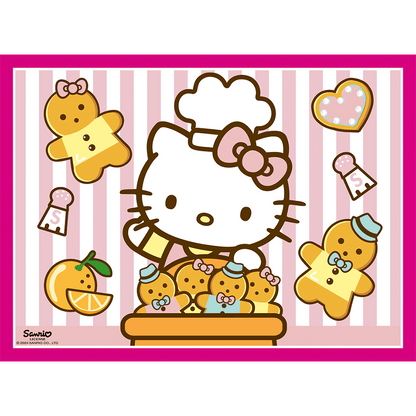 Hello Kitty chef holding a tray of gingerbread bears, surrounded by other cookies, oranges and salt shakers on a striped background