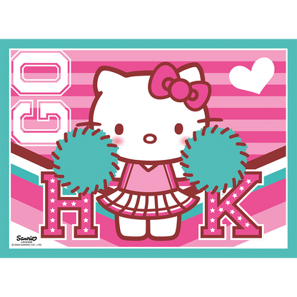 Hello Kitty cheerleader in pink, holding turquoise pom-poms. Pink striped background with "GO HK"