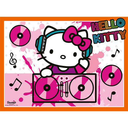 Hello Kitty wearing headphones and a pink bow, DJing at a mixer with pink music notes and splatters