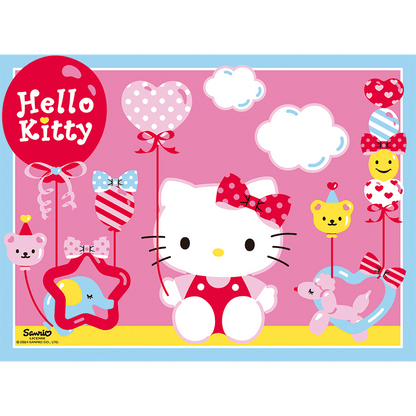 Hello Kitty sits center in red overalls, surrounded by party balloons and cute animals on a pink background