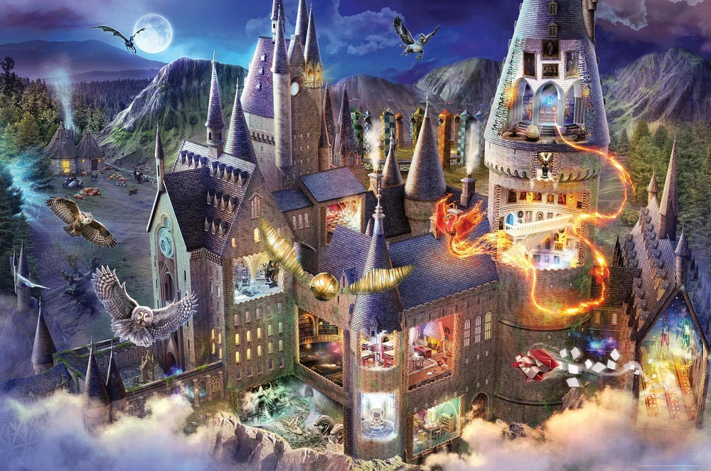 An intricate, cutaway illustration of Hogwarts Castle, featuring flying owls, a phoenix and a golden snitch under a full moon