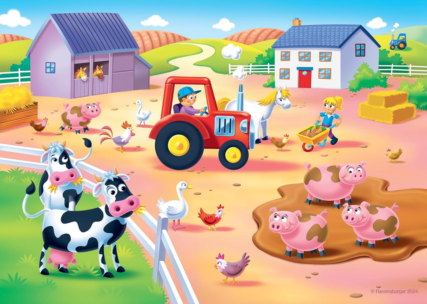A vibrant cartoon farm with a boy on a red tractor, a girl pushing carrots, cows, pigs in mud, horses and chickens