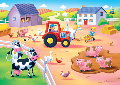 A vibrant cartoon farm with a boy on a red tractor, a girl pushing carrots, cows, pigs in mud, horses and chickens