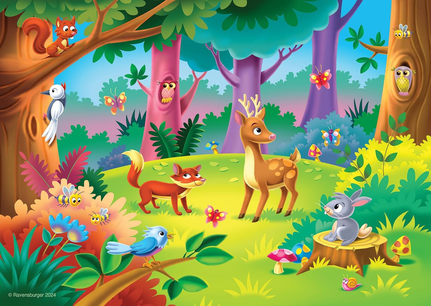 Cartoon forest scene: A deer, fox and rabbit on grass, with owls, squirrels, birds, bees and butterflies around