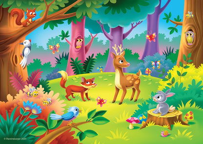 Cartoon forest scene: A deer, fox and rabbit on grass, with owls, squirrels, birds, bees and butterflies around