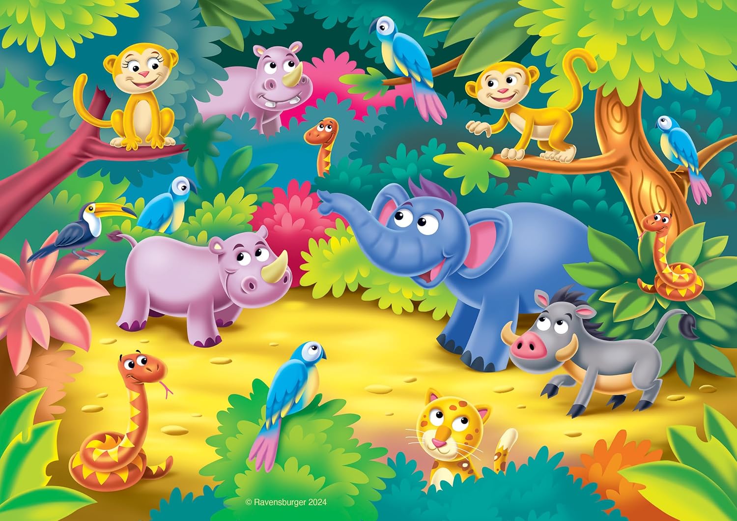Vibrant cartoon jungle scene with a blue elephant pointing its trunk, monkeys on branches, rhinos and other happy animals