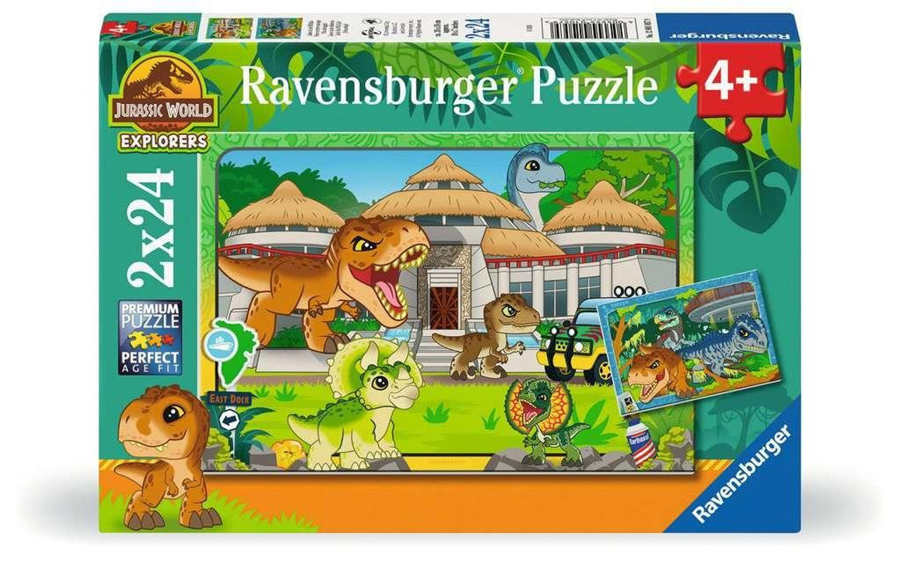 Ravensburger Jurassic World puzzle box. Cartoon T-Rex, Triceratops and other dinosaurs in a park. 2x24 pieces, 4+