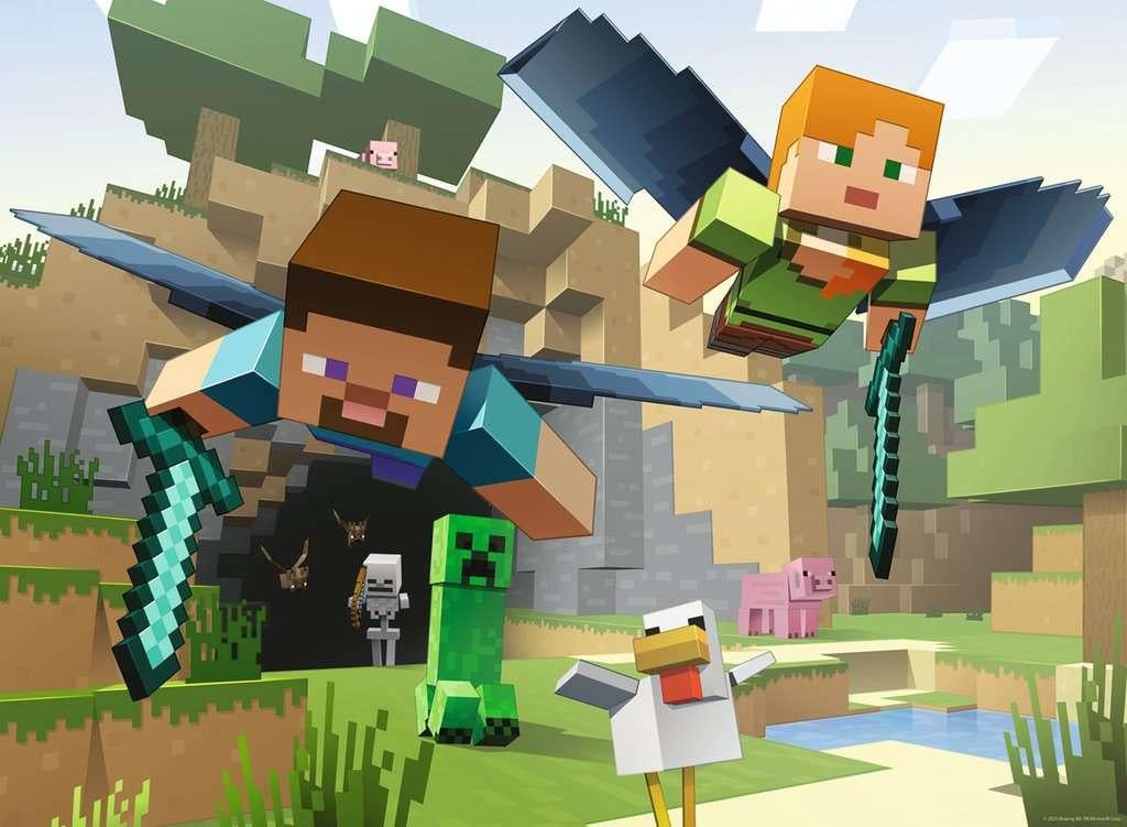 Two Minecraft characters, Steve and Alex, fly with elytra and swords above a blocky landscape with mobs