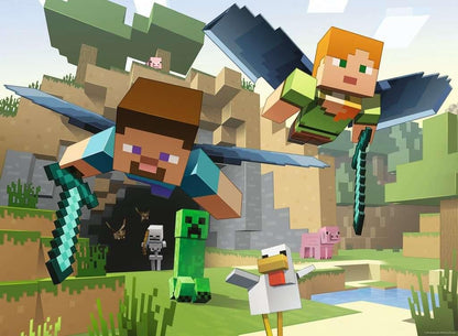 Two Minecraft characters, Steve and Alex, fly with elytra and swords above a blocky landscape with mobs