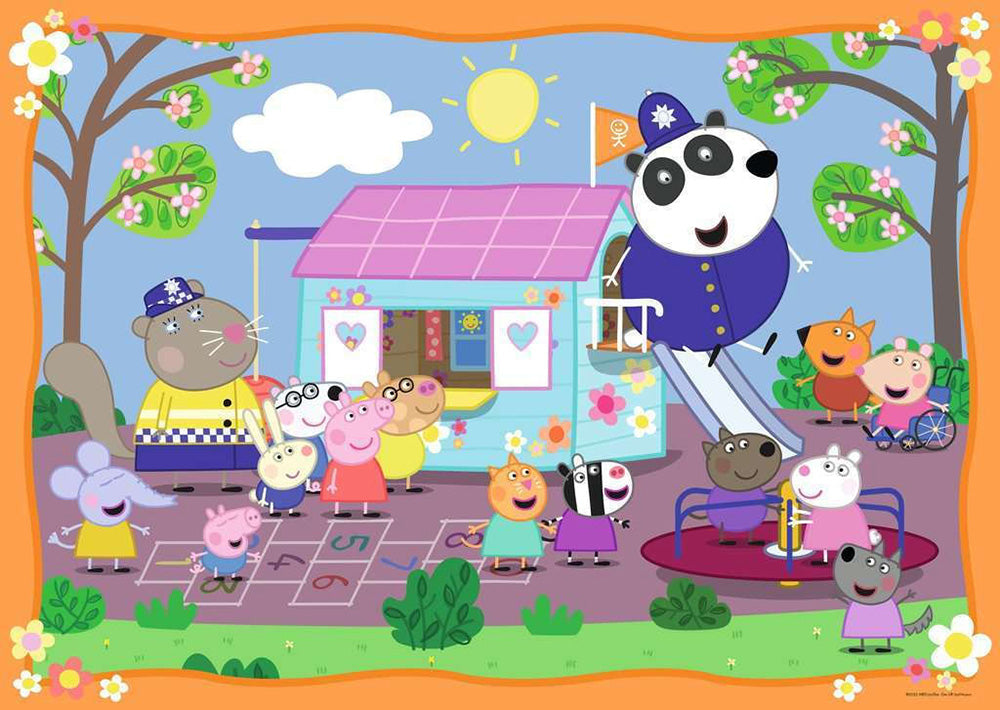 Peppa Pig and friends play at a sunny playground. Police Officer Panda slides while Peppa plays hopscotch
