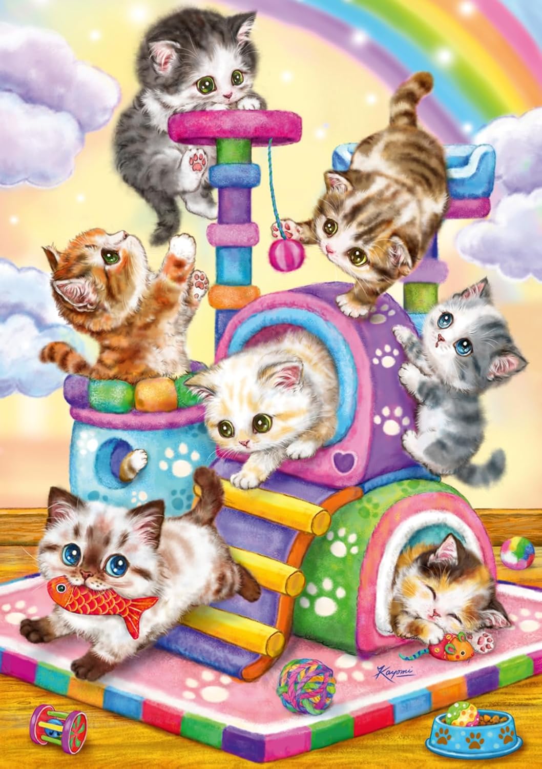 Seven cute kittens play on a vibrant multi-level cat play structure under a rainbow, one holding a fish toy