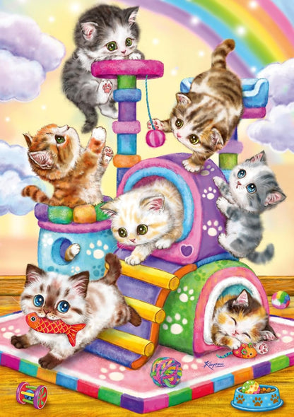 Seven cute kittens play on a vibrant multi-level cat play structure under a rainbow, one holding a fish toy