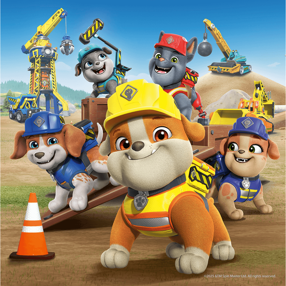 PAW Patrol pups and a cat in construction gear at a worksite with cranes, excavators and a traffic cone