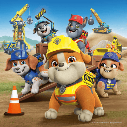 PAW Patrol pups and a cat in construction gear at a worksite with cranes, excavators and a traffic cone