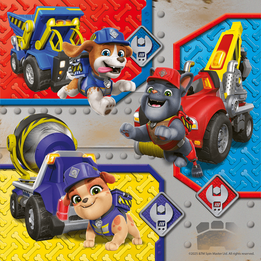 Two cartoon construction dogs and a cat jump and crouch with their vehicles on a colorful bone-patterned background