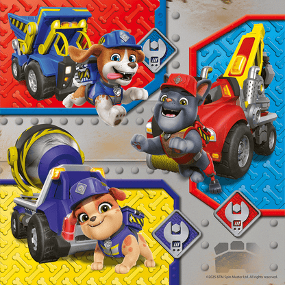 Two cartoon construction dogs and a cat jump and crouch with their vehicles on a colorful bone-patterned background