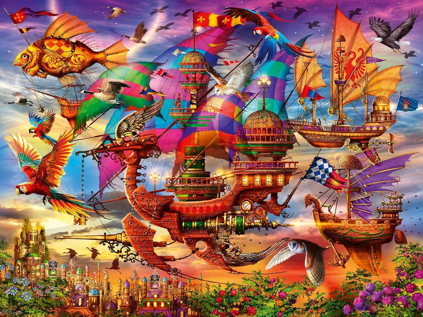 Ornate fantasy flying ships and a fish airship, surrounded by colorful birds, soar over a magical city at sunset
