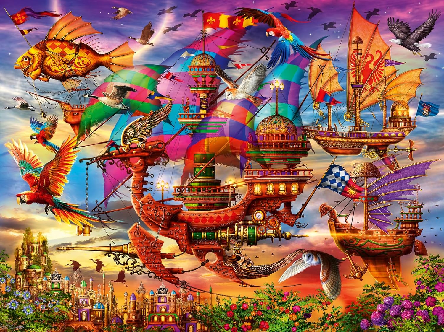 Ornate fantasy flying ships and a fish airship, surrounded by colorful birds, soar over a magical city at sunset