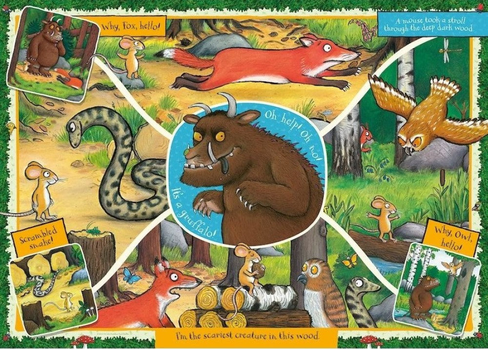 A mouse encounters a fox, owl, snake and the menacing brown Gruffalo in a storybook forest