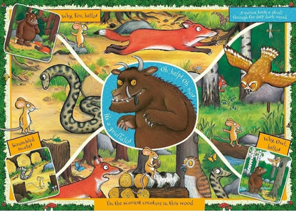 A mouse encounters a fox, owl, snake and the menacing brown Gruffalo in a storybook forest