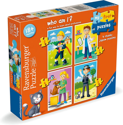 Ravensburger "Who am I?" 18+ months puzzle box. Shows 4 chunky puzzles: firefighter, doctor, vet, police