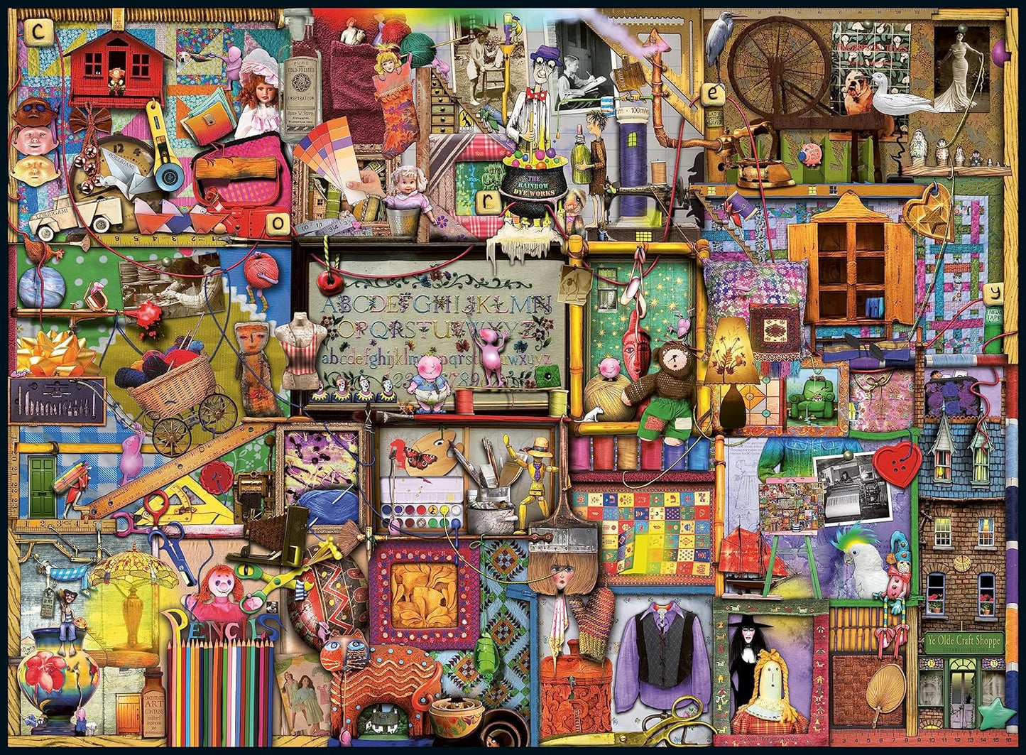 A maximalist collage displaying countless craft supplies, dolls, miniature houses and vintage curios