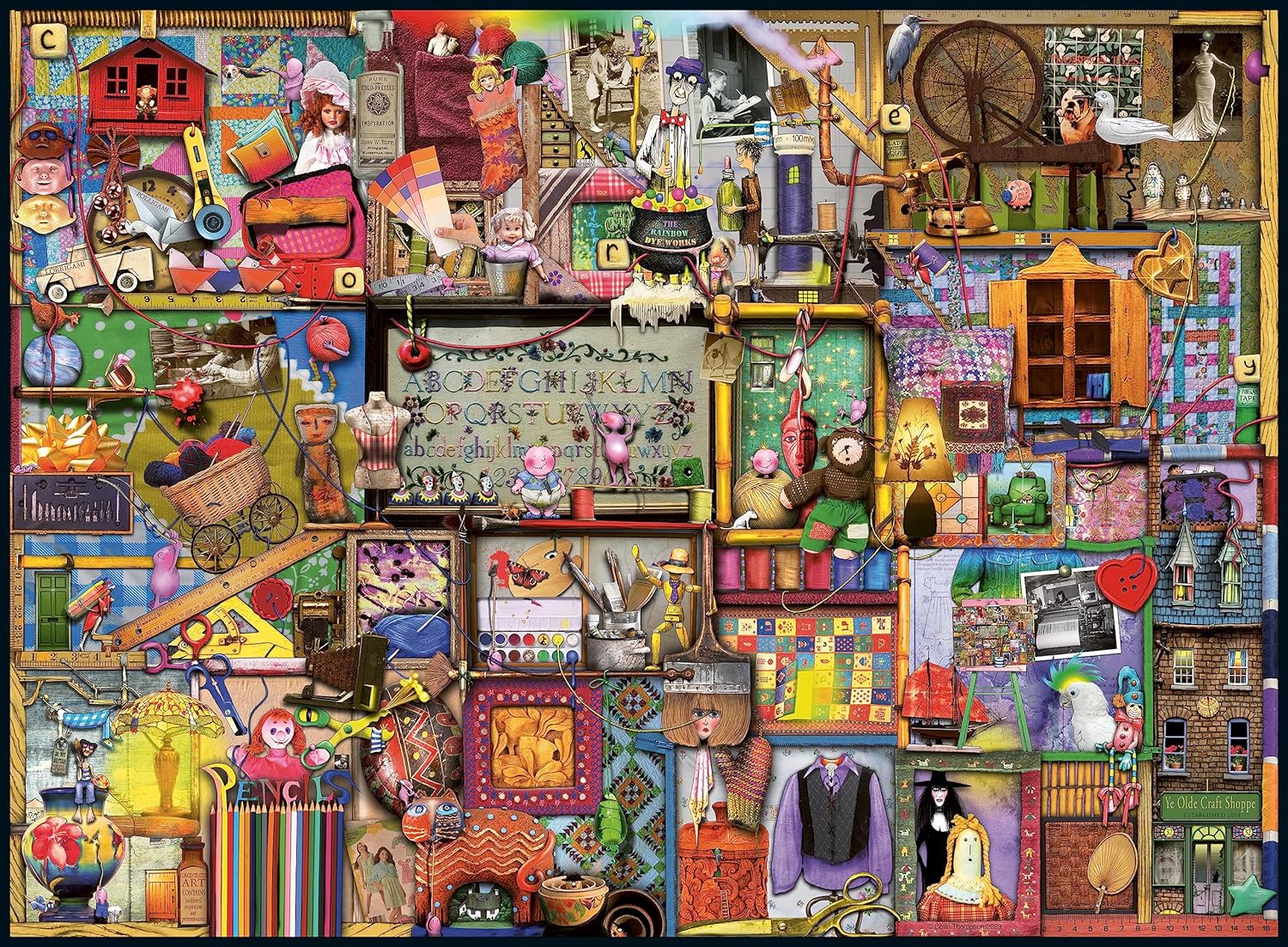 A maximalist collage displaying countless craft supplies, dolls, miniature houses and vintage curios