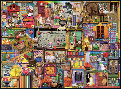A maximalist collage displaying countless craft supplies, dolls, miniature houses and vintage curios