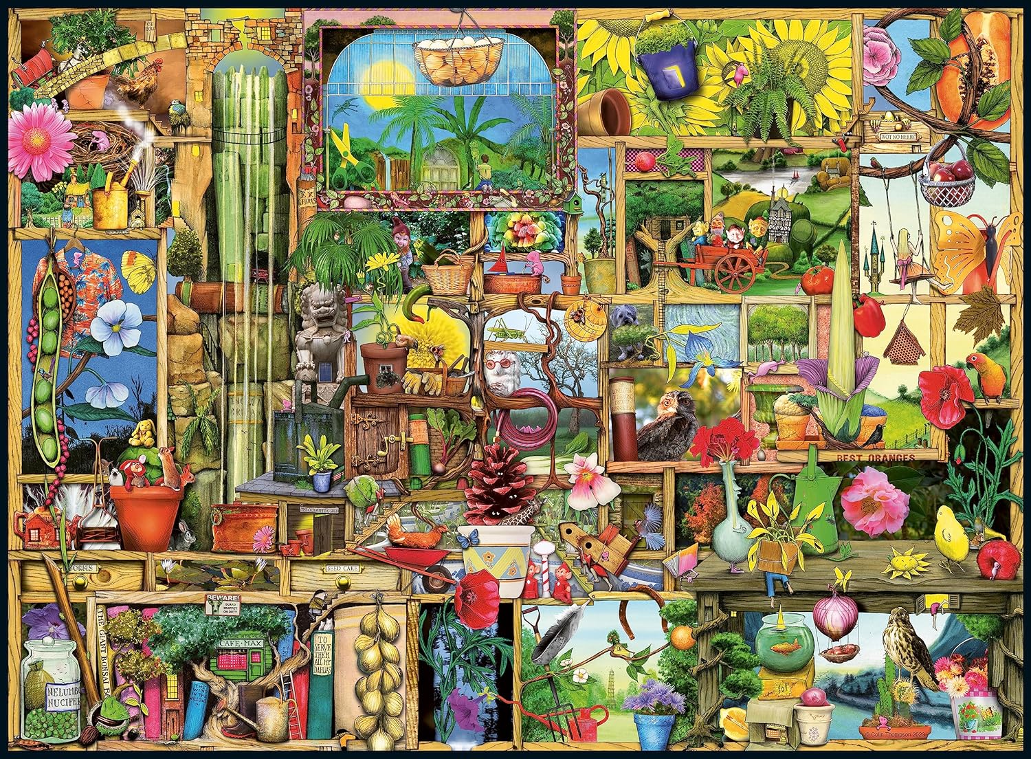 A vibrant, intricate illustration of a fantasy garden, featuring many plants, animals, gnomes and tools within framed sections