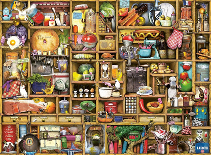 A densely packed, whimsical kitchen pantry with shelves full of food, cookware and quirky, anthropomorphic items