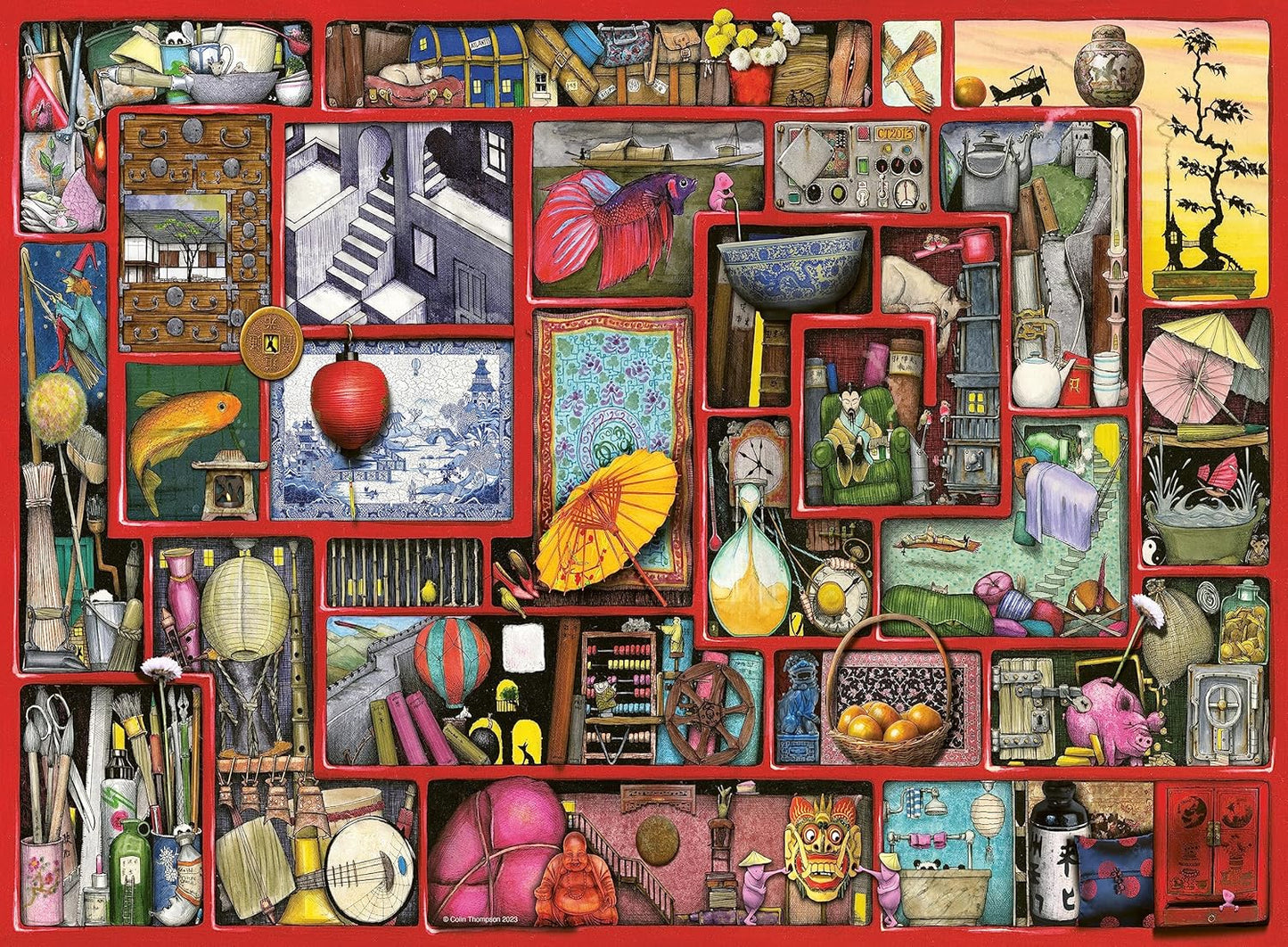 An intricate illustration of a red grid containing numerous diverse scenes and objects, many with an East Asian theme