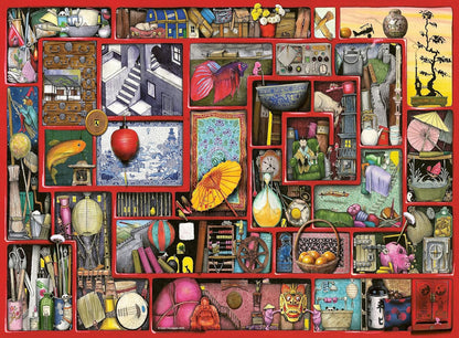 An intricate illustration of a red grid containing numerous diverse scenes and objects, many with an East Asian theme