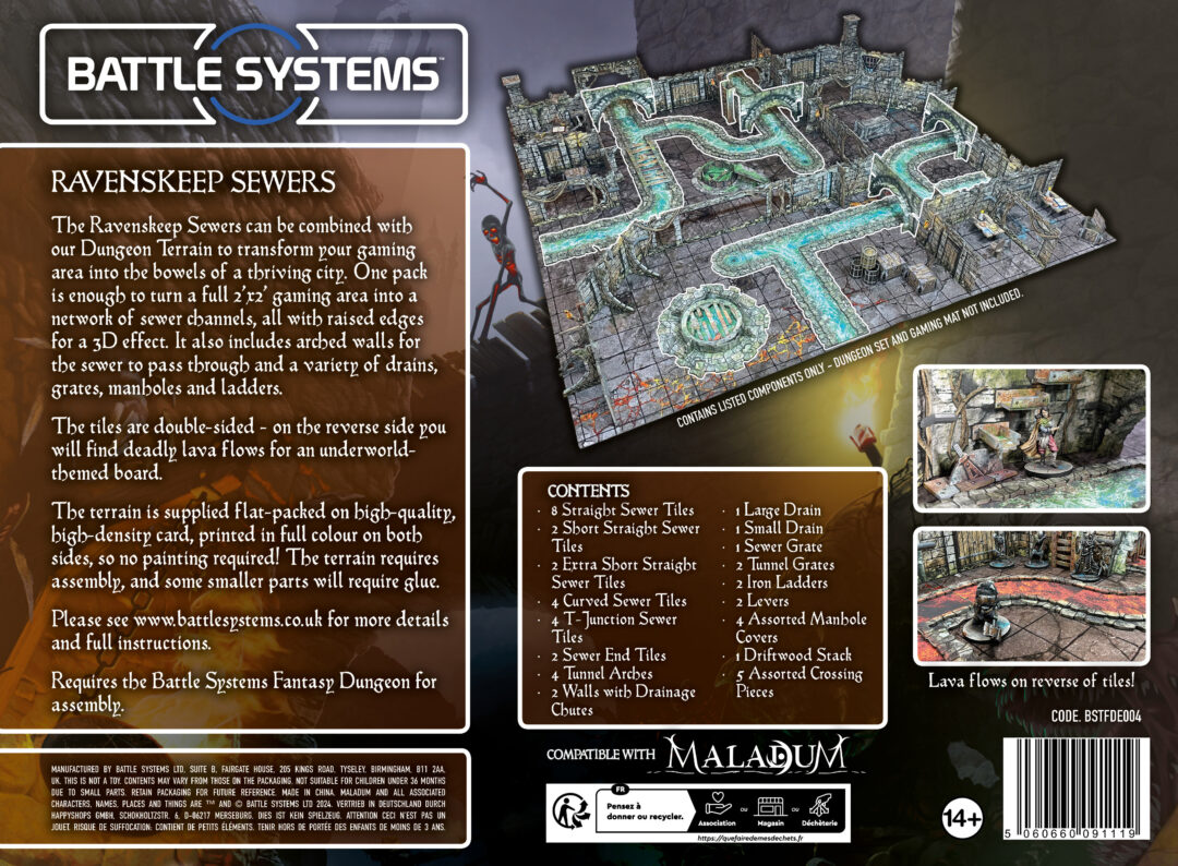 Battle Systems Ravenskeep Sewers modular 3D tabletop terrain, features water channels, plus lava-themed reverse tiles shown in insets