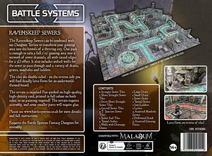 Battle Systems Ravenskeep Sewers modular 3D tabletop terrain, features water channels, plus lava-themed reverse tiles shown in insets