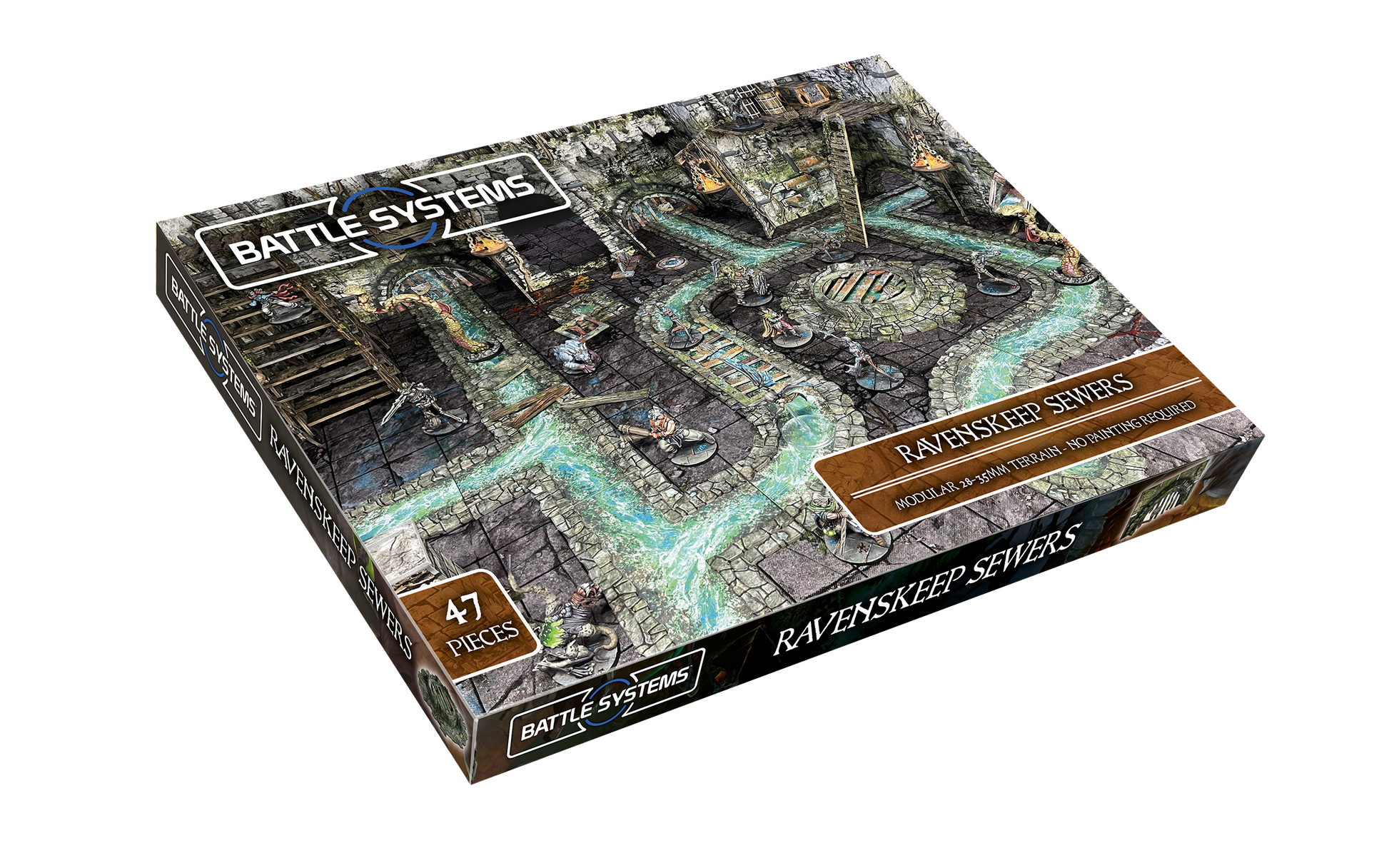 Product box for Battle Systems' Ravenskeep Sewers modular terrain, depicting miniatures on a detailed sewer board
