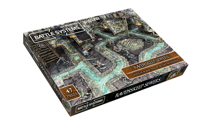 Product box for Battle Systems' Ravenskeep Sewers modular terrain, depicting miniatures on a detailed sewer board