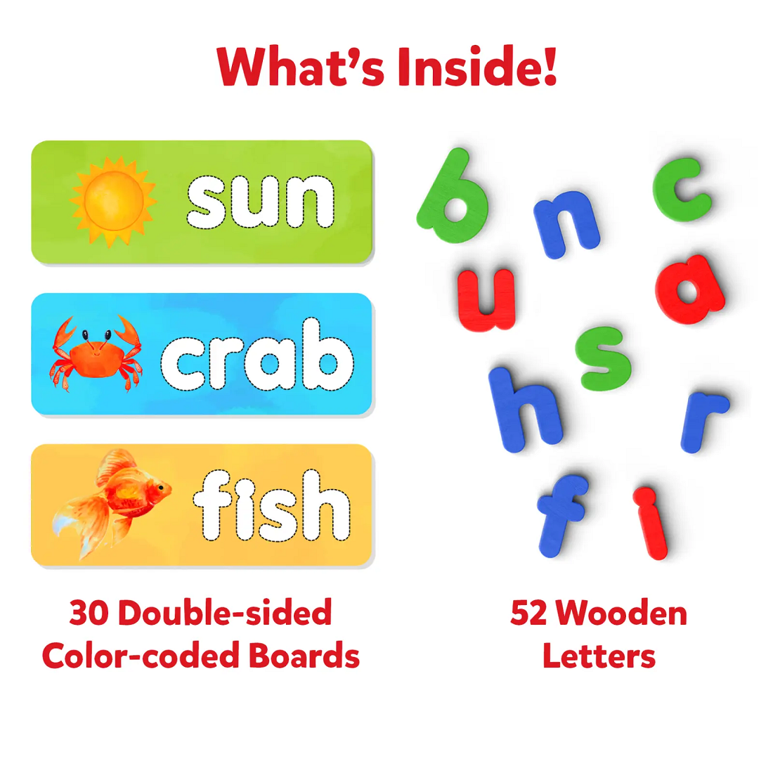 Educational spelling kit showing word boards (sun, crab, fish) and colored wooden alphabet letters