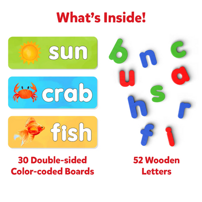 Educational spelling kit showing word boards (sun, crab, fish) and colored wooden alphabet letters