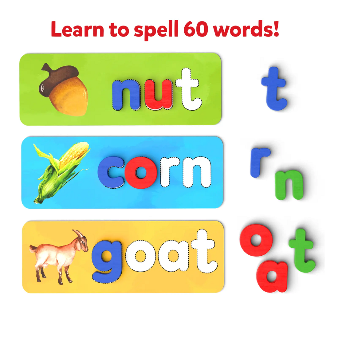 Children's spelling toy showing word cards (nut, corn, goat) and colorful magnetic letters for learning